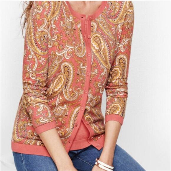 Talbots Pink Yellow Paisley Cardigan Sweater Large 50% Cotton 50% Rayon - Picture 1 of 8